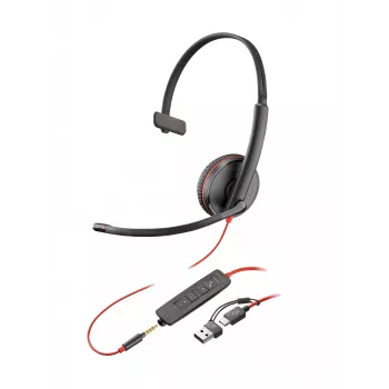 Auriculares HP Poly Blackwire 3215 monoaurales USB-C + jack de 3,5 mm + adaptador USB-C/A (a granel)