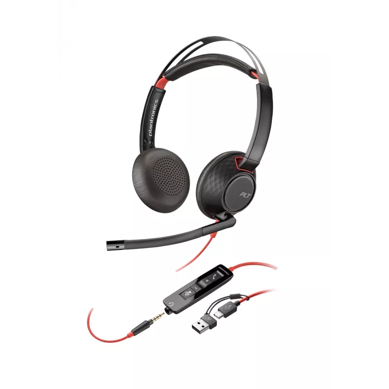 Auriculares HP Poly Blackwire 5220 estéreo USB-C + conector de 3,5 mm + adaptador USB-C/A (paquete múltiple)