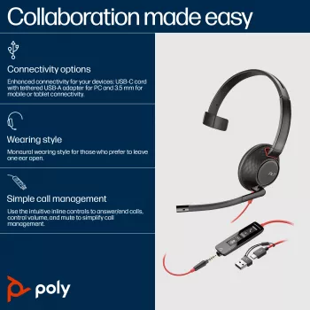 Auriculares HP Poly Blackwire 5210 monoaurales USB-C + conector de 3,5 mm + adaptador USB-C/A (Bulk)