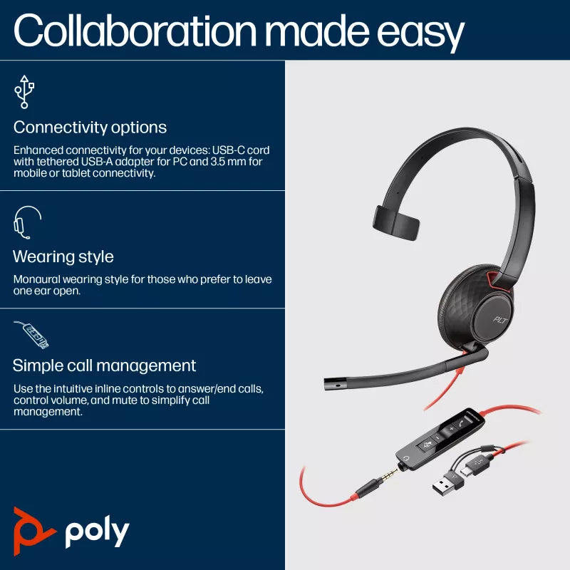Auriculares HP Poly Blackwire 5210 monoaurales USB-C + conector de 3,5 mm + adaptador USB-C/A (Bulk)