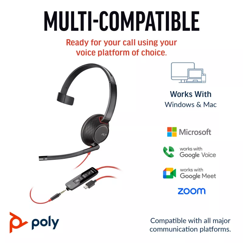 Auriculares HP Poly Blackwire 5210 monoaurales USB-C + conector de 3,5 mm + adaptador USB-C/A (Bulk)