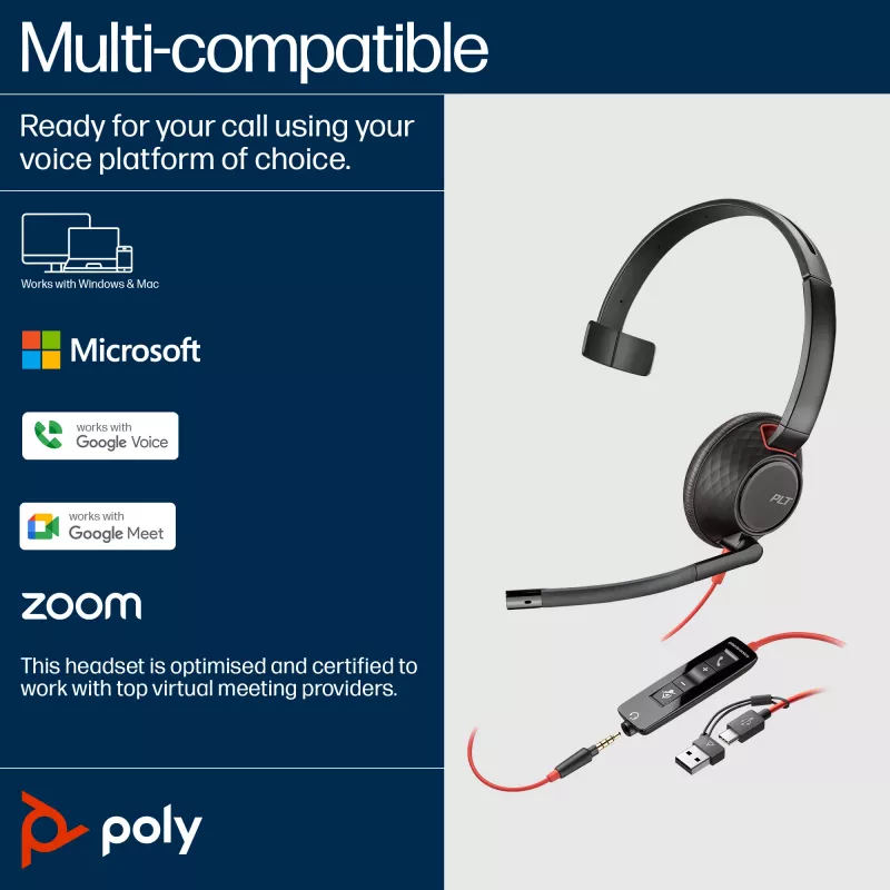 Auriculares HP Poly Blackwire 5210 monoaurales USB-C + conector de 3,5 mm + adaptador USB-C/A (Bulk)