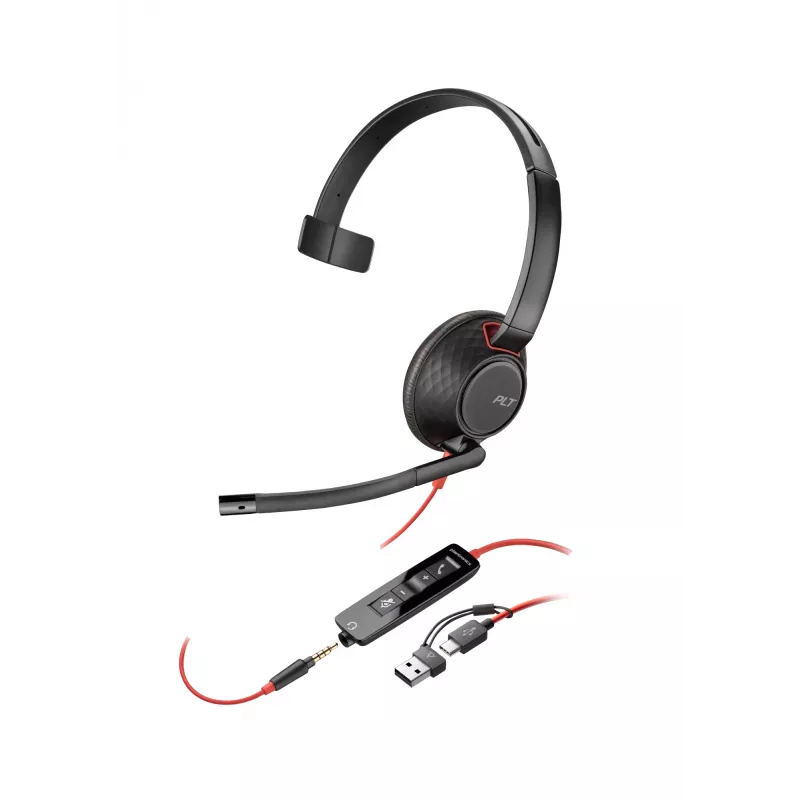 Auriculares HP Poly Blackwire 5210 monoaurales USB-C + conector de 3,5 mm + adaptador USB-C/A (Bulk)