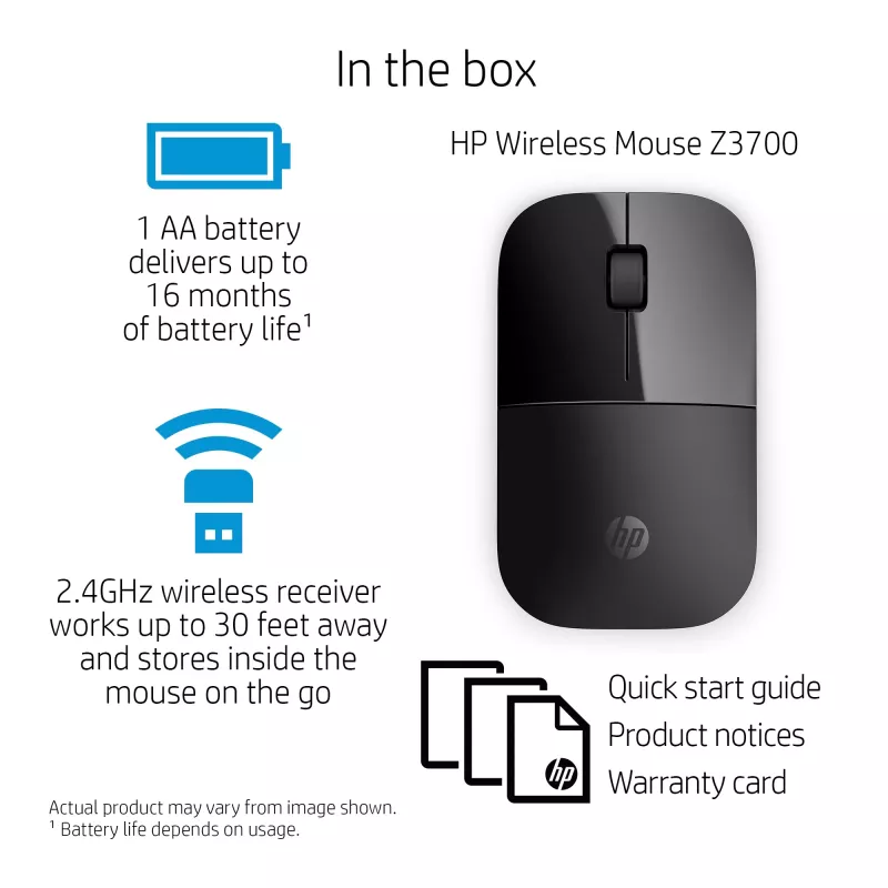 HP Z3700 ratón inalámbrico negro, ambidiestro, óptico, RF inalámbrico, 1200 DPI, negro
