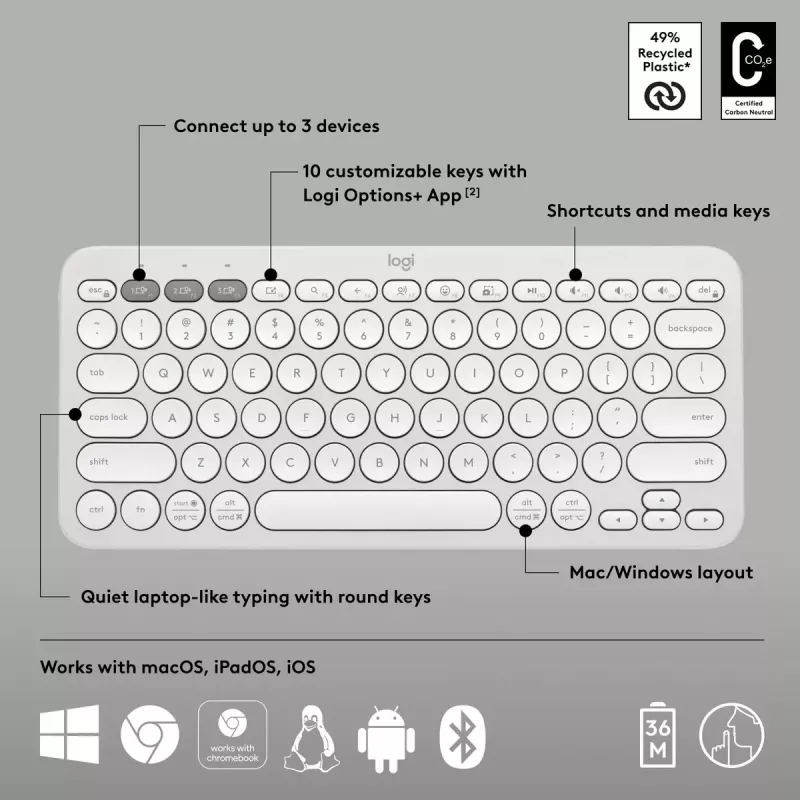 Teclado mini compacto Logitech Pebble Keys 2 K380s — RF Wireless + Bluetooth, QWERTY US International, blanco