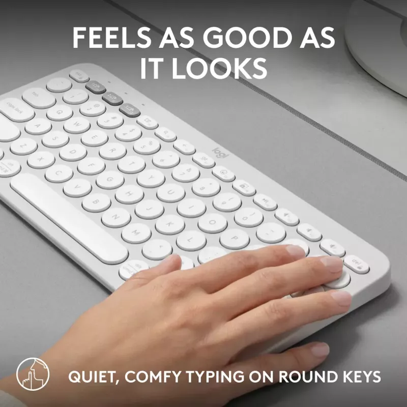 Teclado mini compacto Logitech Pebble Keys 2 K380s — RF Wireless + Bluetooth, QWERTY US International, blanco
