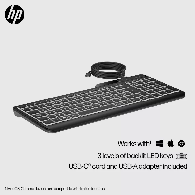 Teclado HP 405 Multi-Device retroiluminado con cable, tamaño completo (100%), con cable, USB, membrana, QWERTY, Negro