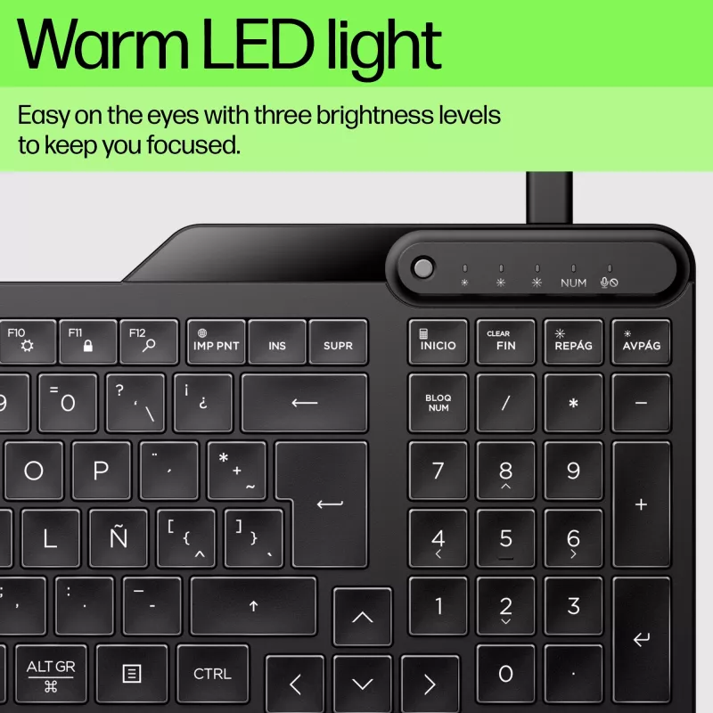 Teclado HP 405 Multi-Device retroiluminado con cable, tamaño completo (100%), con cable, USB, membrana, QWERTY, Negro