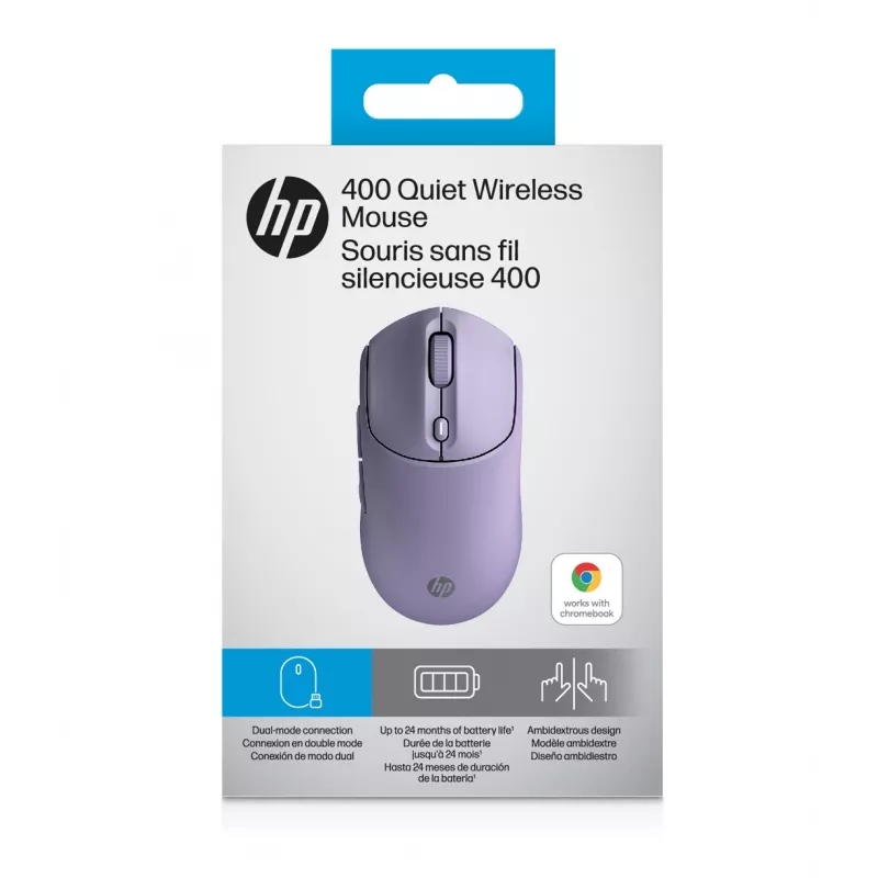 Ratón inalámbrico silencioso HP 400 Lila, ambidiestro, RF Wireless + Bluetooth, 6000 DPI, Lila