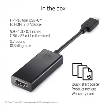 HP 1WC36AA adaptador de USB-C a HDMI 2.0, USB-C macho a HDMI hembra, negro