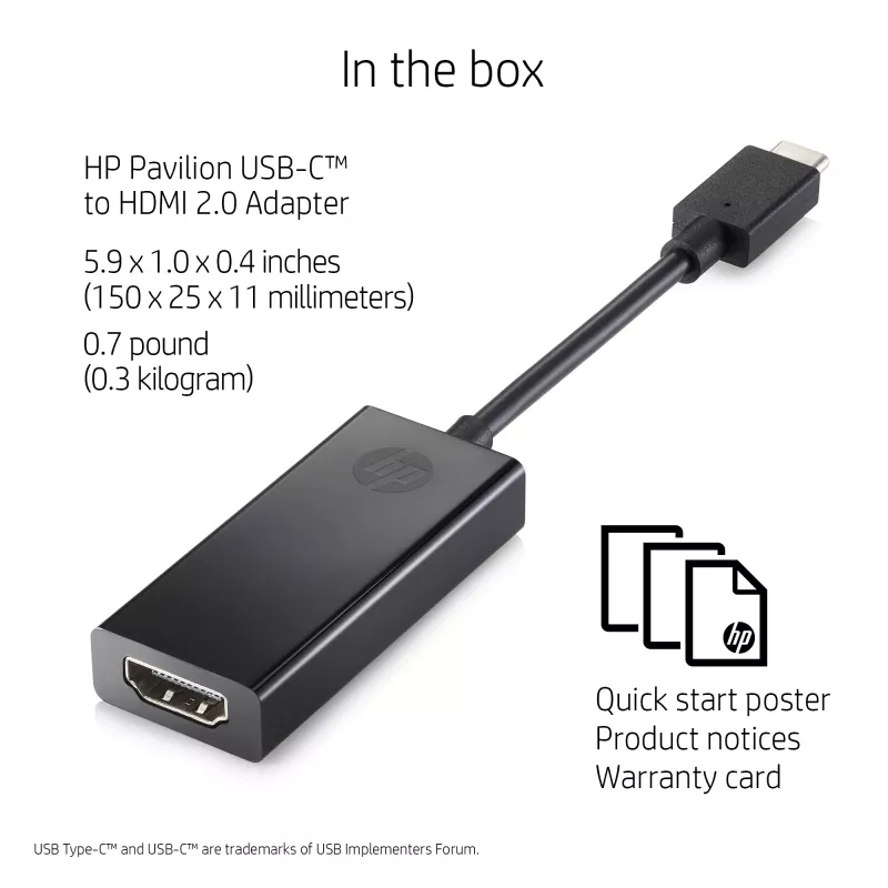 HP 1WC36AA adaptador de USB-C a HDMI 2.0, USB-C macho a HDMI hembra, negro