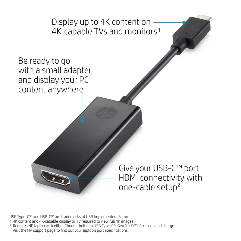 HP 1WC36AA adaptador de USB-C a HDMI 2.0, USB-C macho a HDMI hembra, negro