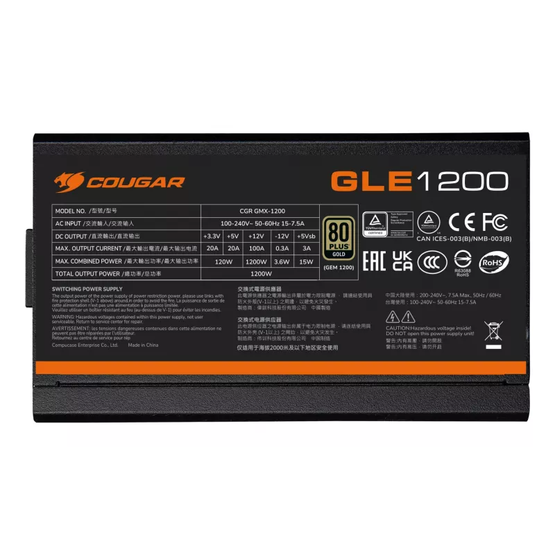 Fuente de alimentación COUGAR GLE 1000W ATX 3.1, 80 PLUS Gold, 100–240 V, 50/60 Hz, ATX de 20+4 pines, ventilador de 135 mm, negro