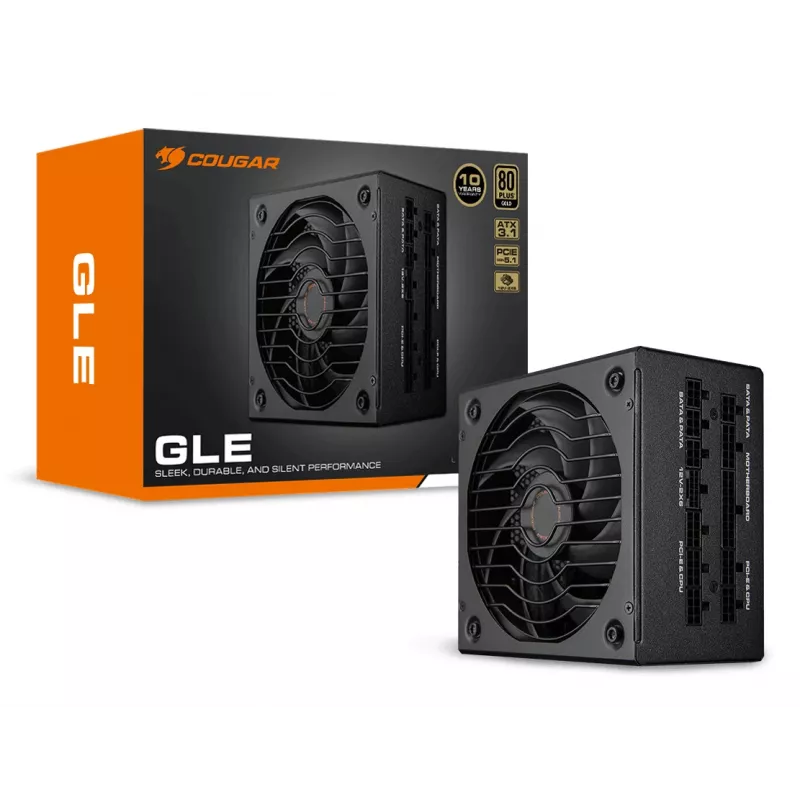Fuente de alimentación COUGAR GLE 1000W ATX 3.1, 80 PLUS Gold, 100–240 V, 50/60 Hz, ATX de 20+4 pines, ventilador de 135 mm, negro