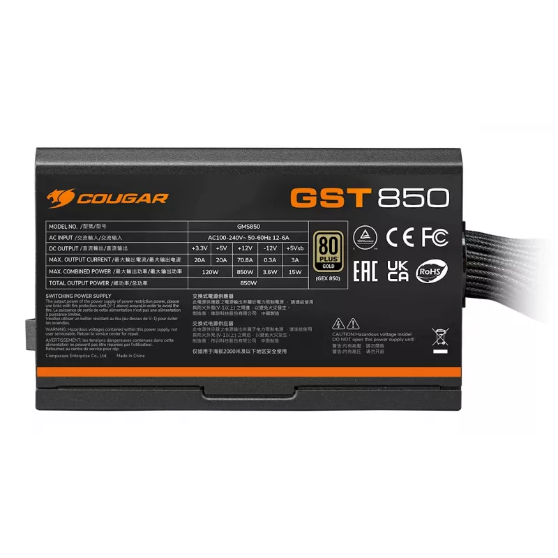 Fuente de alimentación COUGAR GST 850W ATX3.1 / 80 Plus Gold, 850 W, 100 - 240 V, 50/60 Hz, 12 - 6 A, 120 W, 850 W