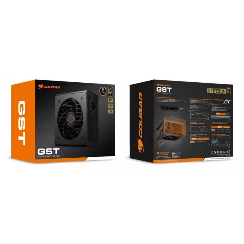 Fuente de alimentación COUGAR GST 750W ATX3.1 / 80 Plus Gold, 750 W, 100 - 240 V, 50/60 Hz, 10 - 5 A, 120 W, 750 W