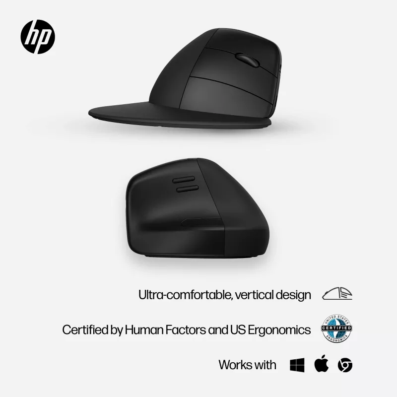 HP 920 Ratón inalámbrico ergonómico, Diestro, diseño vertical, Bluetooth + USB Type-A, 4000 DPI, Negro