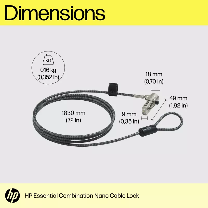 HP Essential Nano Candado de combinación para cable, 1,83 m, Candado de combinación, Acero inoxidable