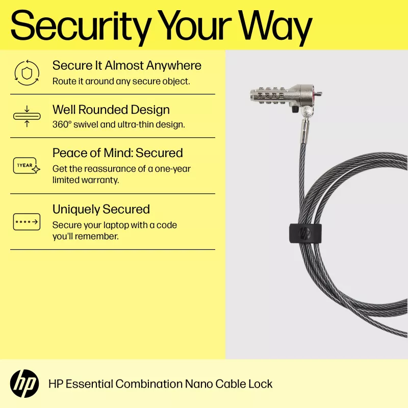 HP Essential Nano Candado de combinación para cable, 1,83 m, Candado de combinación, Acero inoxidable
