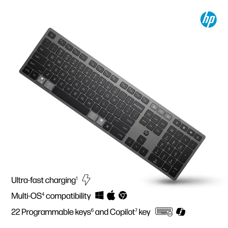 HP 725 Teclado inalámbrico recargable multidispositivo, formato completo (100%), inalámbrico, RF Wireless + Bluetooth, Negro