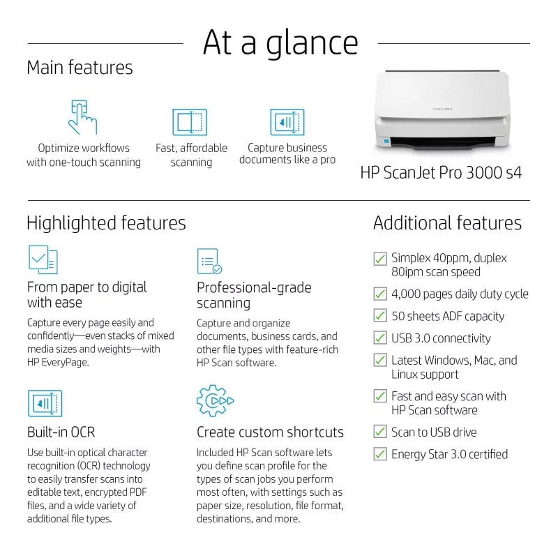 Escáner de alimentación HP Scanjet Pro 3000 s4 600 x 600 DPI A4 Negro, Blanco