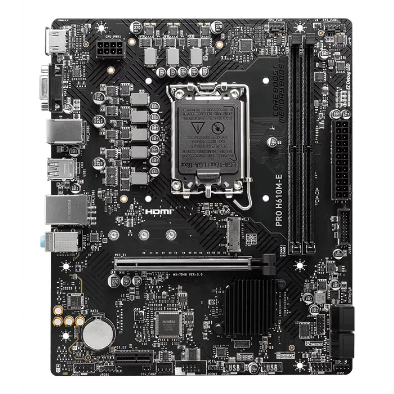 Placa base MSI PRO H610M-E — Intel H610, LGA 1700, micro ATX, DDR5, 2x DIMM, máx 96 GB, 2.5Gb LAN, HDMI, 4x SATA III