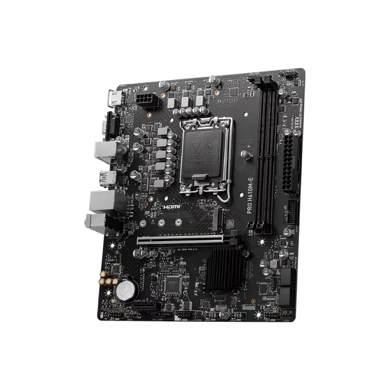 Placa base MSI PRO H610M-E — Intel H610, LGA 1700, micro ATX, DDR5, 2x DIMM, máx 96 GB, 2.5Gb LAN, HDMI, 4x SATA III