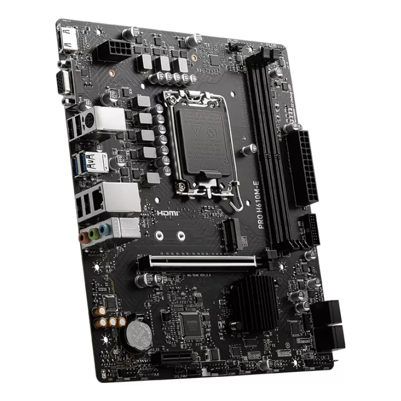 Placa base MSI PRO H610M-E — Intel H610, LGA 1700, micro ATX, DDR5, 2x DIMM, máx 96 GB, 2.5Gb LAN, HDMI, 4x SATA III