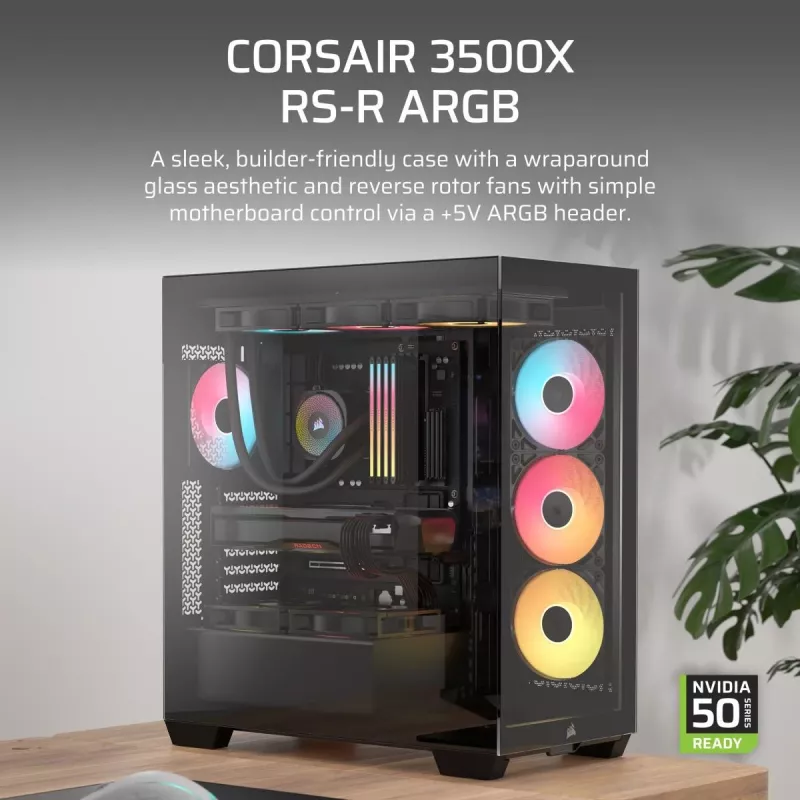 Caja de PC Midi-Tower CORSAIR 3500X RS-R ARGB — Negro, cristal templado, compatible con ATX/EATX/Micro-ITX, 3 ventiladores frontales de 120 mm