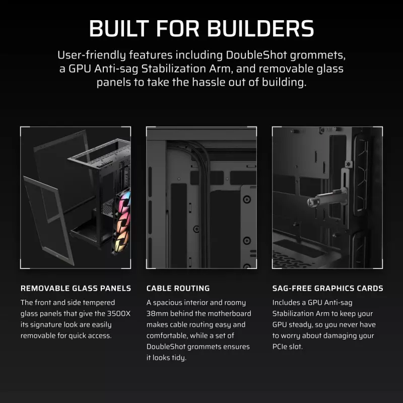 Caja de PC Midi-Tower CORSAIR 3500X RS-R ARGB — Negro, cristal templado, compatible con ATX/EATX/Micro-ITX, 3 ventiladores frontales de 120 mm