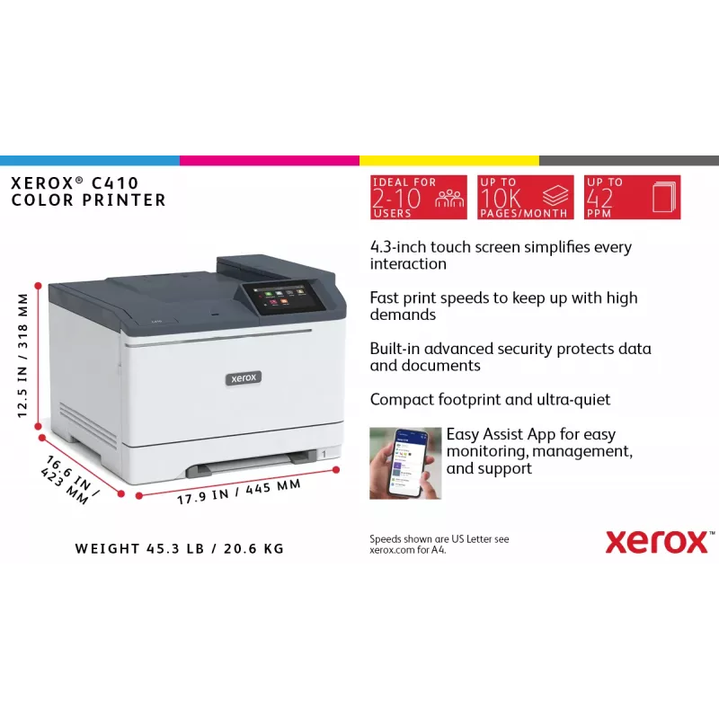 Xerox C410 A4 40ppm Dúplex Impresora PS3 PCL5e/6 2 bandejas de papel 251 hojas