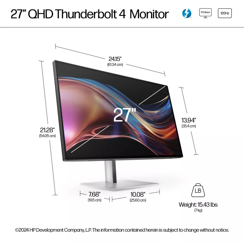 Monitor HP Series 7 Pro 27 pulgadas QHD Thunderbolt 4 - 727pu, 68,6 cm (27 pulgadas), 2560 x 1440 píxeles, Quad HD, LCD, 5 ms, Negro