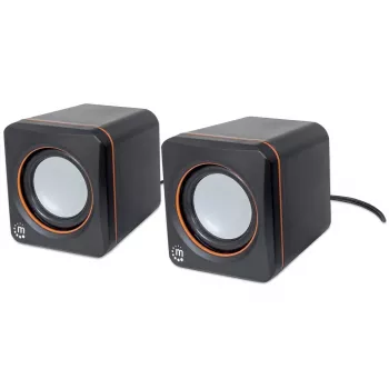 Manhattan 2600 Series Sistema de altavoces, tamaño pequeño, gran sonido, dos altavoces, estéreo, alimentación USB, salida: 2x 3W, conector de 3,5mm para sonido, control de volumen en línea, cable 0,9m, Negro, garantía de tres años