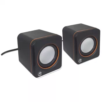 Manhattan 2600 Series Sistema de altavoces, tamaño pequeño, gran sonido, dos altavoces, estéreo, alimentación USB, salida: 2x 3W, conector de 3,5mm para sonido, control de volumen en línea, cable 0,9m, Negro, garantía de tres años
