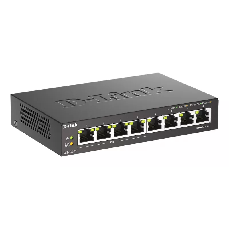 Switch no gestionado D-Link DGS-1008P/E, L2, 8 puertos, PoE