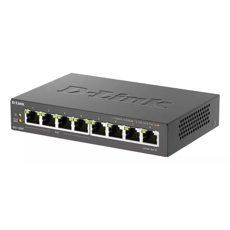 Switch no gestionado D-Link DGS-1008P/E, L2, 8 puertos, PoE