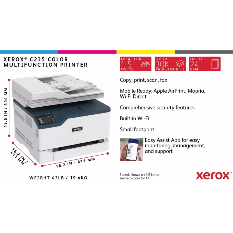 Xerox C235 A4 22ppm Wireless Copiar/Imprimir/Escanear/Fax PS3 PCL5e/6 ADF 2 bandejas de papel total 251 hojas