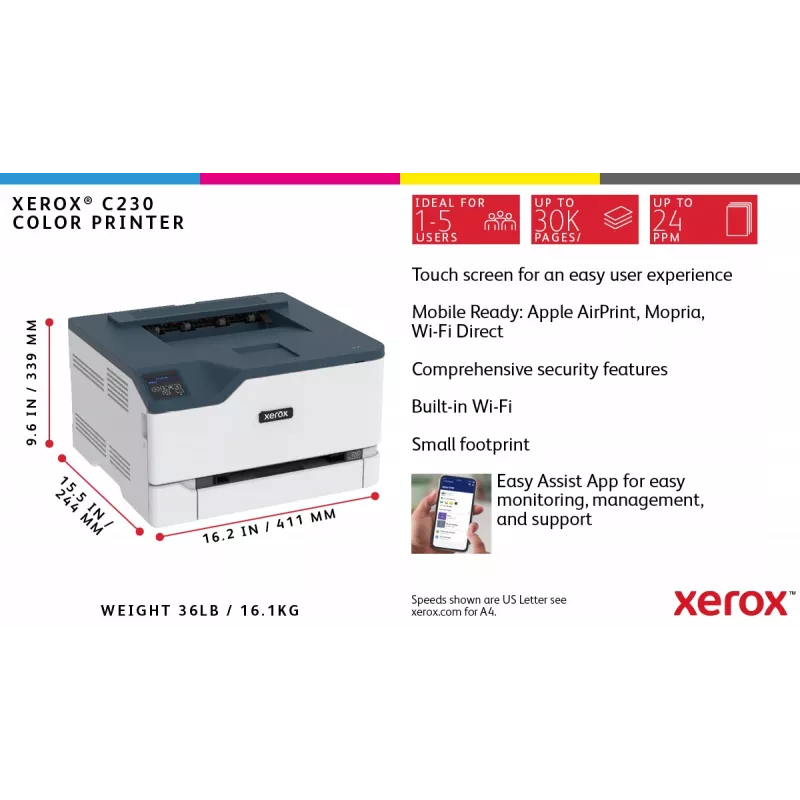 Xerox C230 A4 22ppm Wireless Dúplex Impresora PS3 PCL5e6 2 bandejas de papel total 251 hojas
