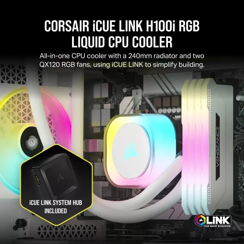 Disipador de CPU CORSAIR – iCUE Link H100i RGB refrigeración líquida AiO – blanco