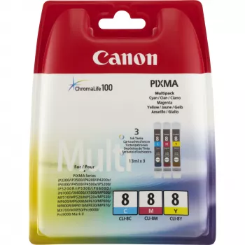 Multipack de cartuchos de tinta Canon CLI-8 C/M/Y, cian, magenta, amarillo, tinta pigmentada, 3 uds.