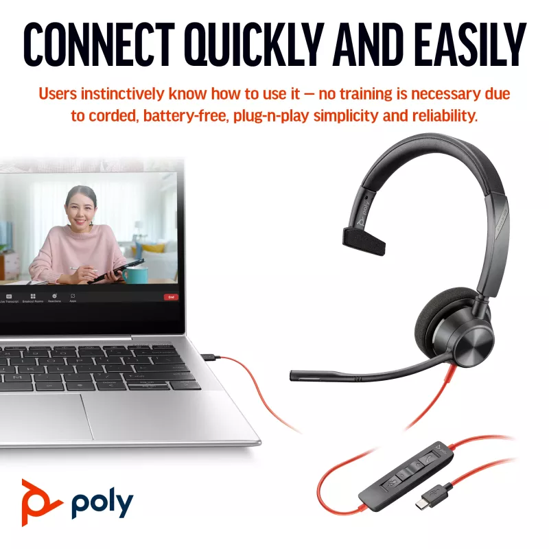HP Poly Blackwire 3310 auriculares monoaurales con USB-C + adaptador USB-C/A