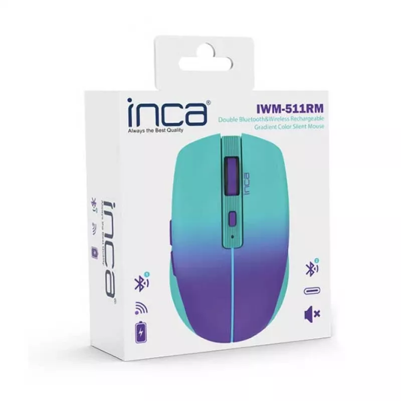 Ratón inalámbrico INCA Iwm-511rm – RF inalámbrico + Bluetooth + USB Type-C – 1600 dpi – 6 botones – verde violeta