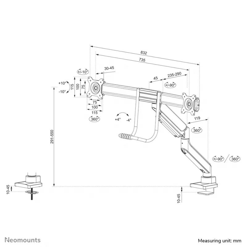 Neomounts DS75-450WH2 brazo para monitor 17-32 pulgadas - gas - Topfix - tope de 180°