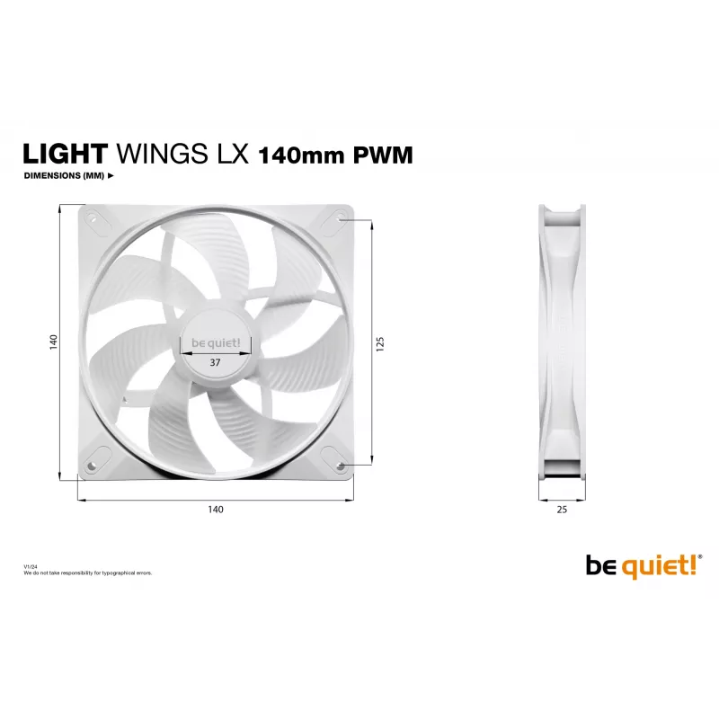 bequiet! LIGHT WINGS LX 140mm PWM Pack de 3 Blancos — Ventilador de 140×25 mm, 1200 rpm, 95 m³/h, LED RGB