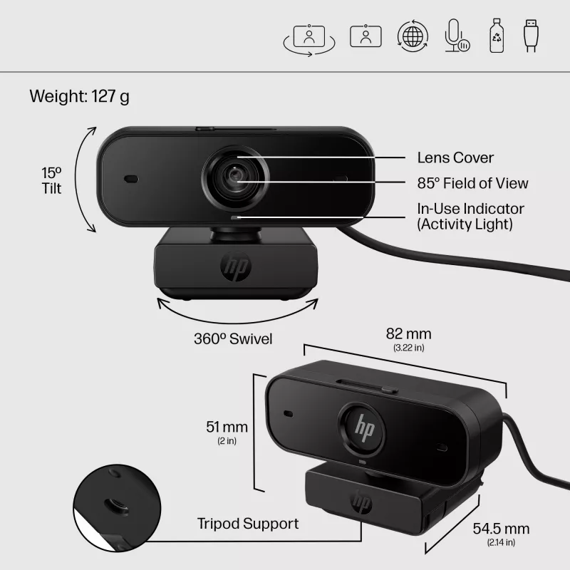 HP 435 FHD cámara web (77B10AA), 2 MP, 1920 x 1080, 30 fps, USB-A 2.0, enfoque automático, cubierta de privacidad, micrófono doble, negro