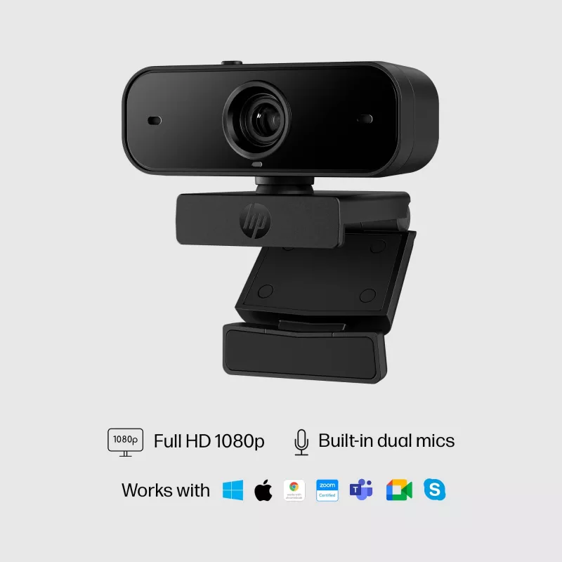 HP 435 FHD cámara web (77B10AA), 2 MP, 1920 x 1080, 30 fps, USB-A 2.0, enfoque automático, cubierta de privacidad, micrófono doble, negro