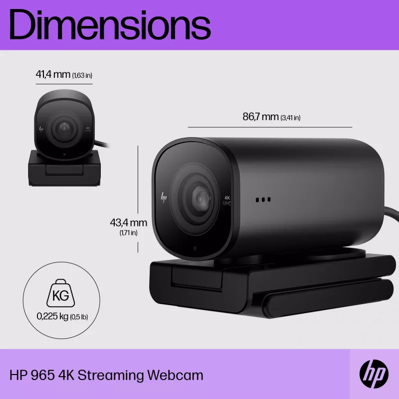 Webcam HP 965 4K Streaming, 8 MP, 3840 x 2160 píxeles, Full HD, 60 fps, 1280x720@30fps, 1280x720@60fps, 1920x1080@30fps, 1920x1080@60fps, 3840x2160@30fps, USB