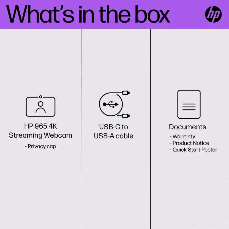 Webcam HP 965 4K Streaming, 8 MP, 3840 x 2160 píxeles, Full HD, 60 fps, 1280x720@30fps, 1280x720@60fps, 1920x1080@30fps, 1920x1080@60fps, 3840x2160@30fps, USB