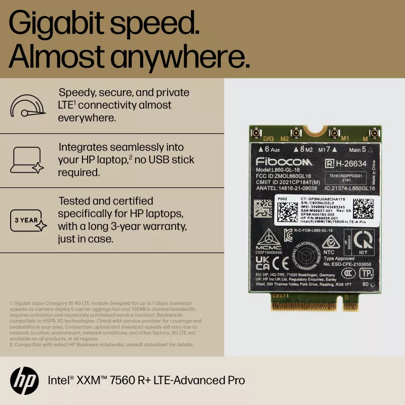 HP XMM 7560 R+ LTE-Advanced Pro WWAN, China, Empresa, -20 - 65 °C, -40 - 85 °C, Windows 10, Windows 11, 42 mm
