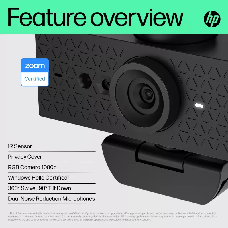 Webcam HP 620 FHD, 4 MP, 1920 x 1080 píxeles, Full HD, 60 fps, 720p, 1080p, 5x